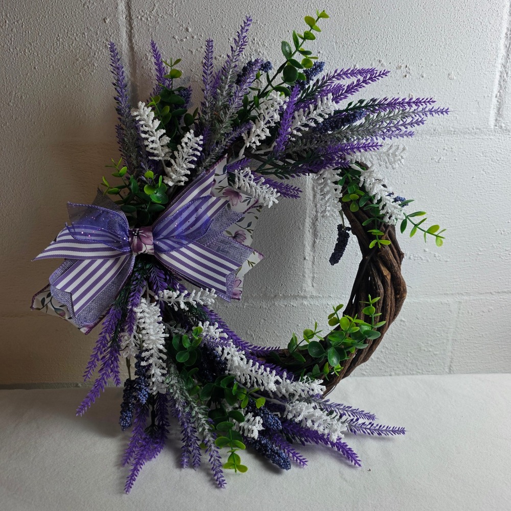 Handcrafted Lavender Grapevine Wreath Purple White Faux Floral Farmhouse Decor